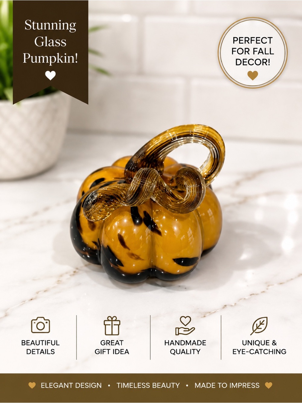 Handblown Glass Pumpkin - Amber Black Decorative Accent